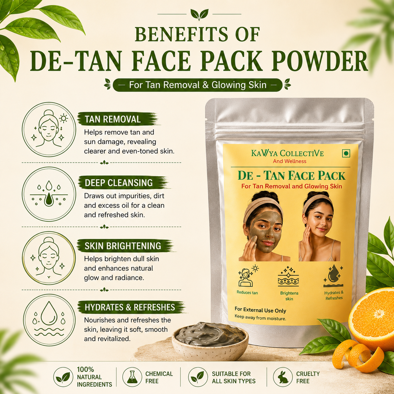 De-Tan Face Pack Powder for Tan Removal & Skin Brightening